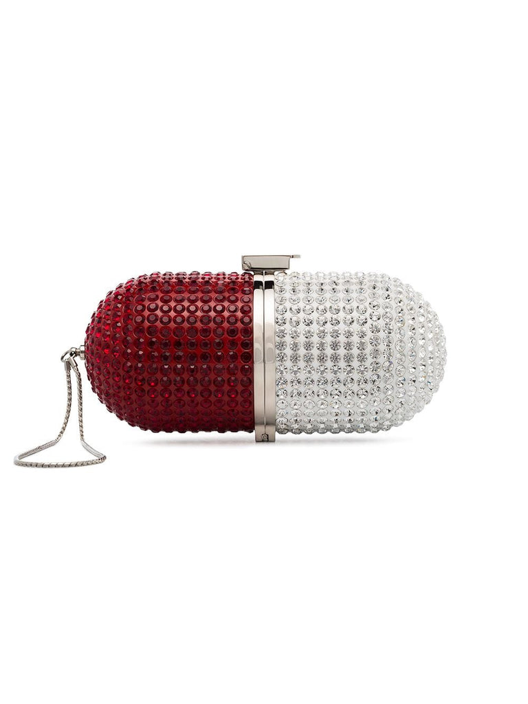 red and white crystal embellished pill bag