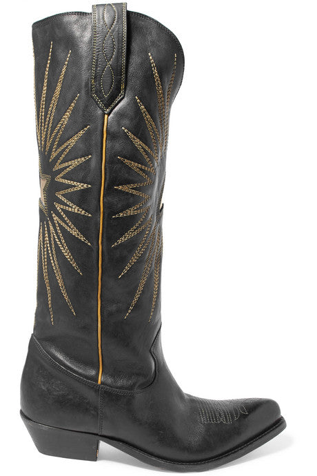 Wish Star embroidered textured-leather knee boots