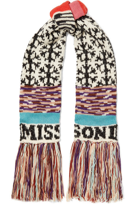 Fringed intarsia wool-blend scarf