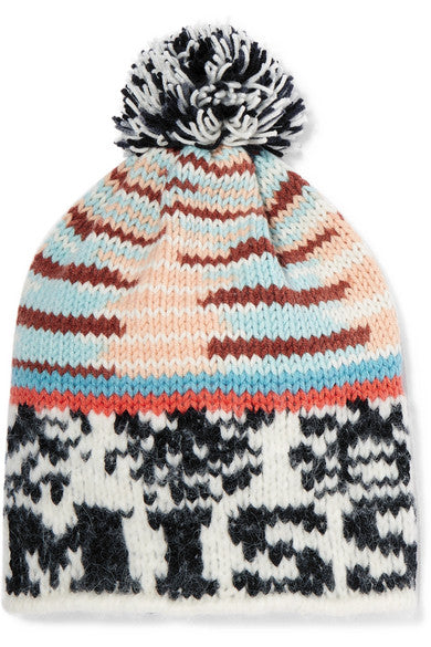 Pompom-embellished intarsia knitted beanie