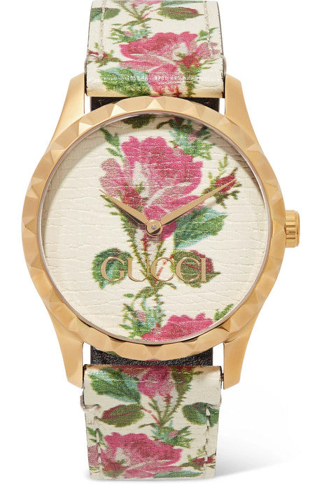 G-Timeless floral-print leather and gold-tone watch