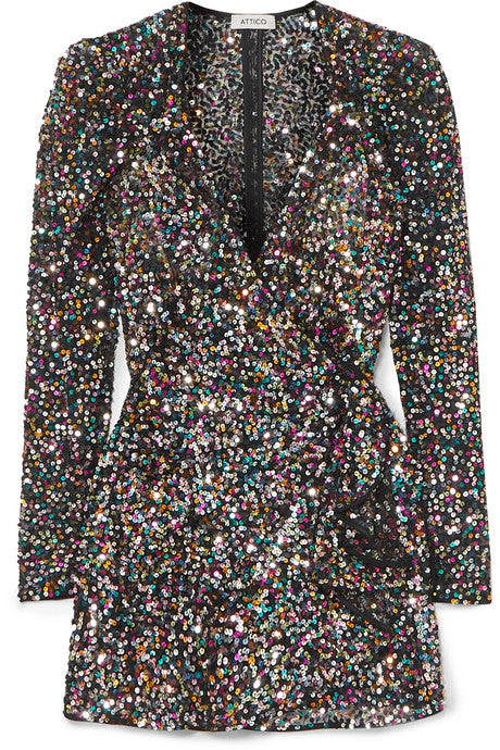 Sequined mesh mini wrap dress