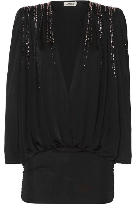 Crystal-embellished ruched jersey mini dress