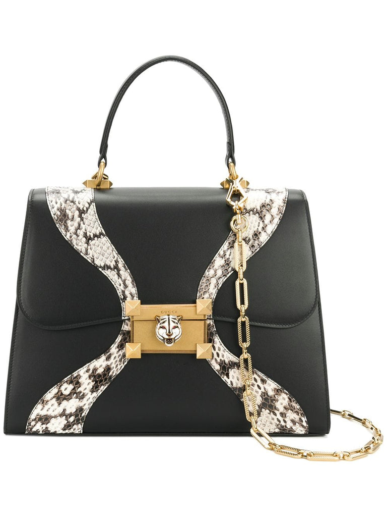 Leather and snakeskin top handle bag