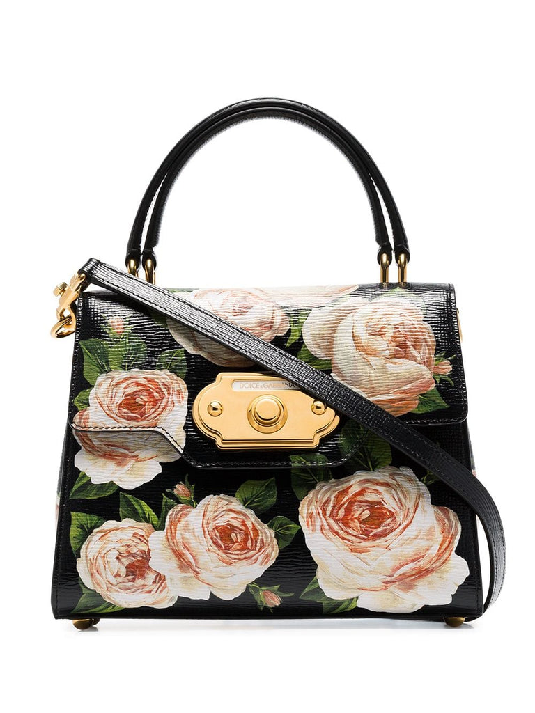 black Welcome Rose print leather shoulder bag