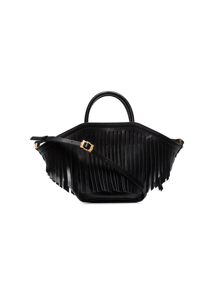 black small leather fringed tote bag