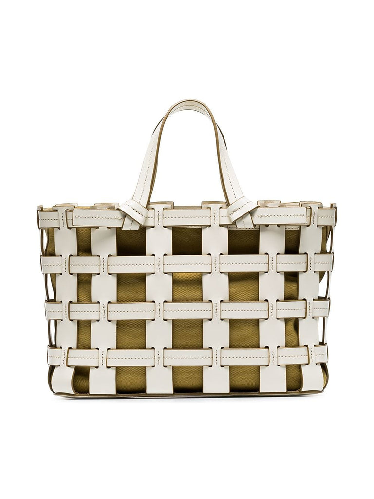 white and mustard Frances cutout leather tote bag