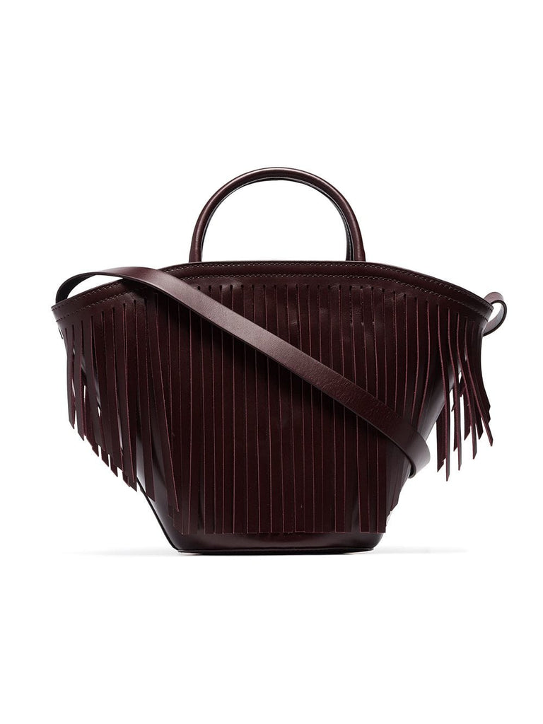 burgundy leather fringed tote bag