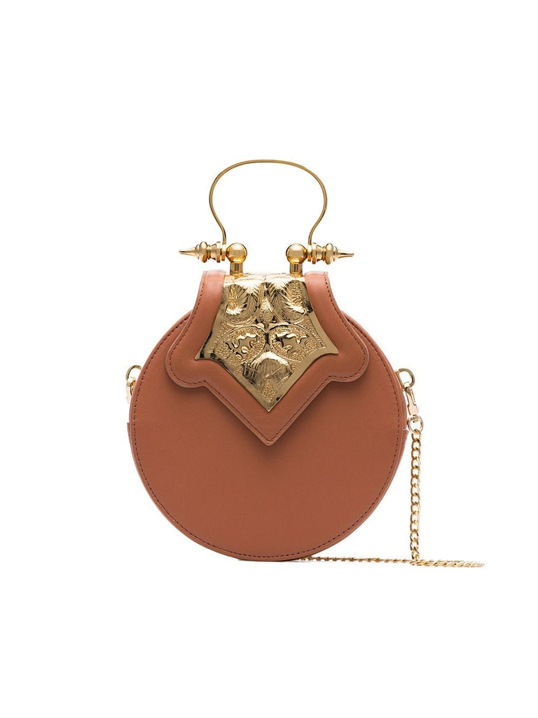 bronze mini circle leather crossbody bag