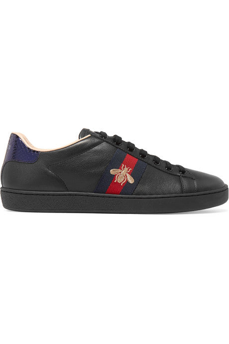 Ace watersnake-trimmed embroidered leather sneakers