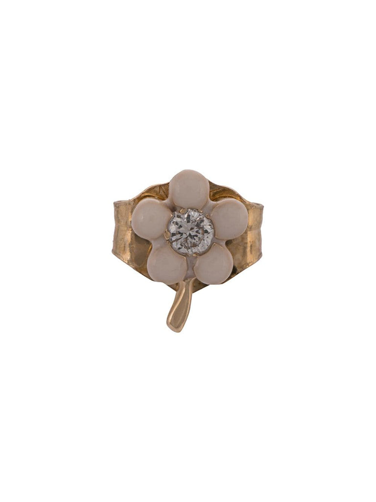 14kt yellow gold, pink enamel and diamond flower stud