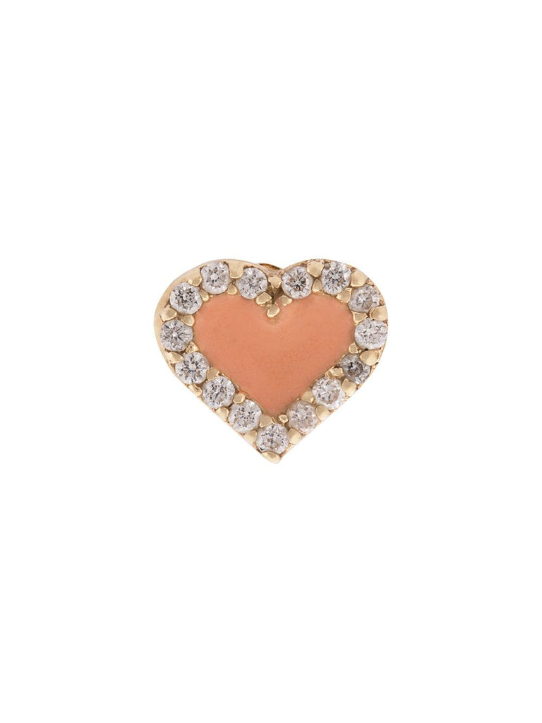 14kt yellow gold, coral enamel and diamond heart stud