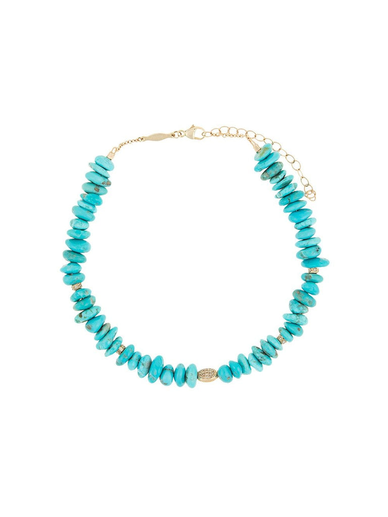 14kt yellow gold pave diamond disc turquoise bead anklet