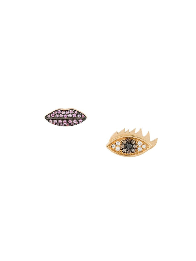 18kt yellow gold, diamond and sapphire Anatomik lips and eyes stud earrings