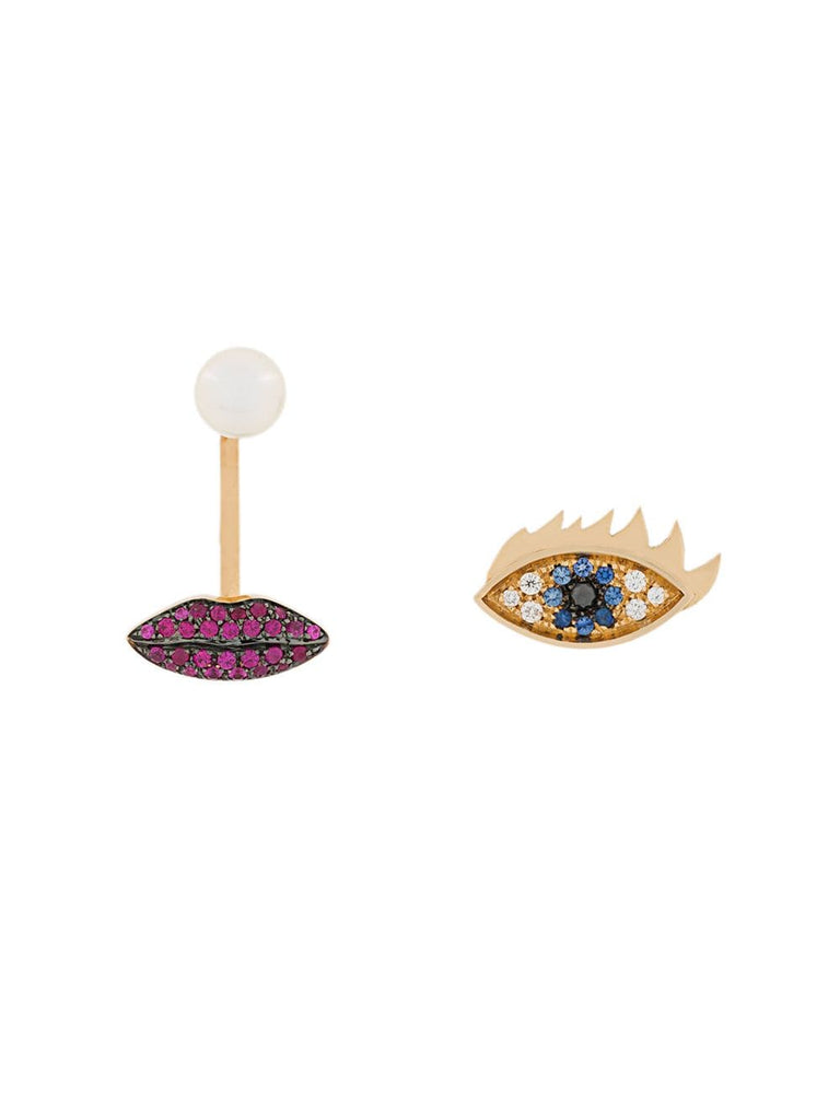 18kt yellow gold, sapphire, diamond and ruby Anatomik lips piercing and eye earrings