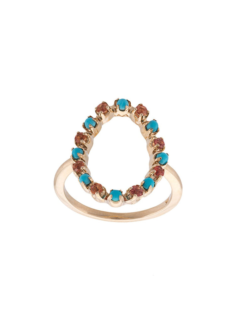 14kt gold Full Circle turquoise and orange sapphire ring