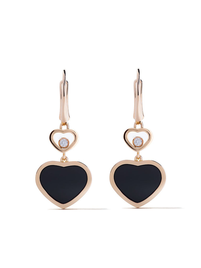 18kt rose gold Happy Hearts onyx and diamond drop earrings