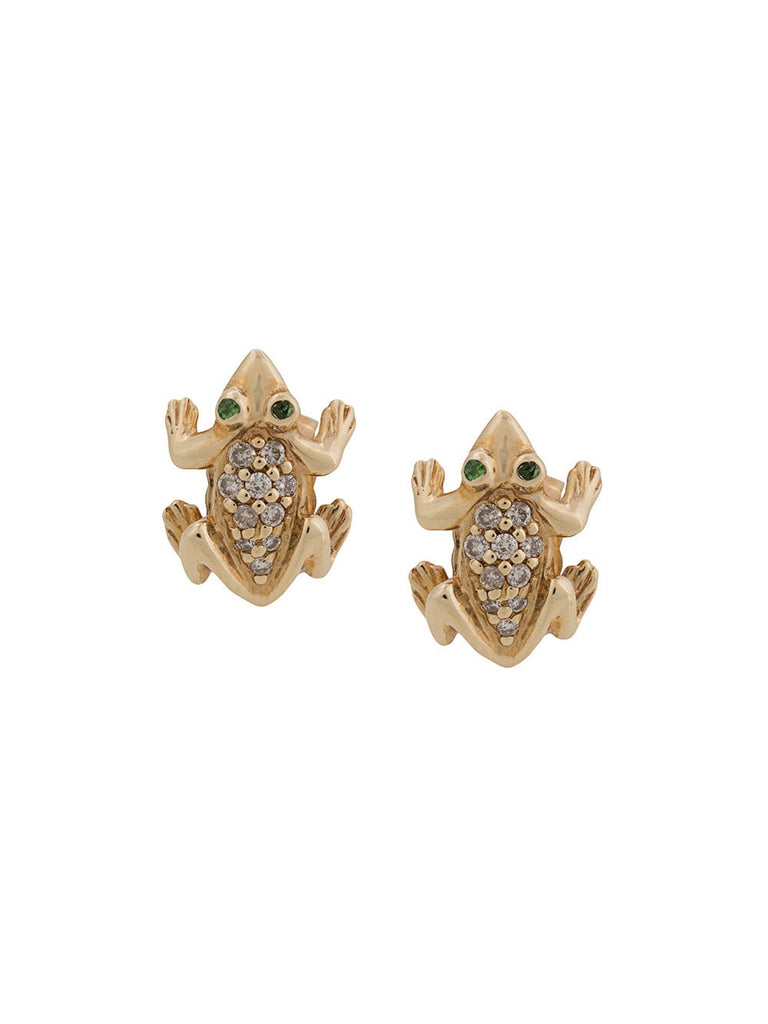 14kt yellow gold diamond and garnet frog stud earrings