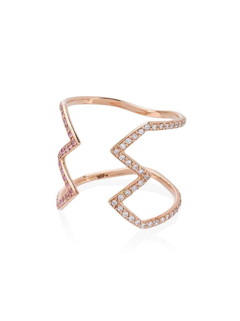 rose gold open Ziggy ring with diamond and sapphire