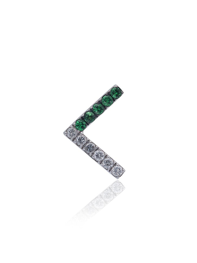 White gold V shaped earring with tsavorite and grey diamonds