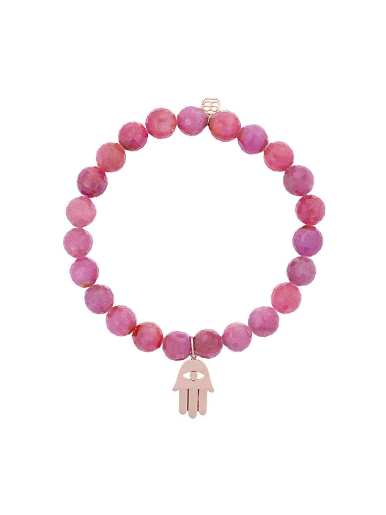 14kt gold and ruby beaded bracelet with hamsa hand charm