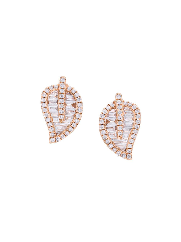 18kt rose gold small leaf stud diamond earrings