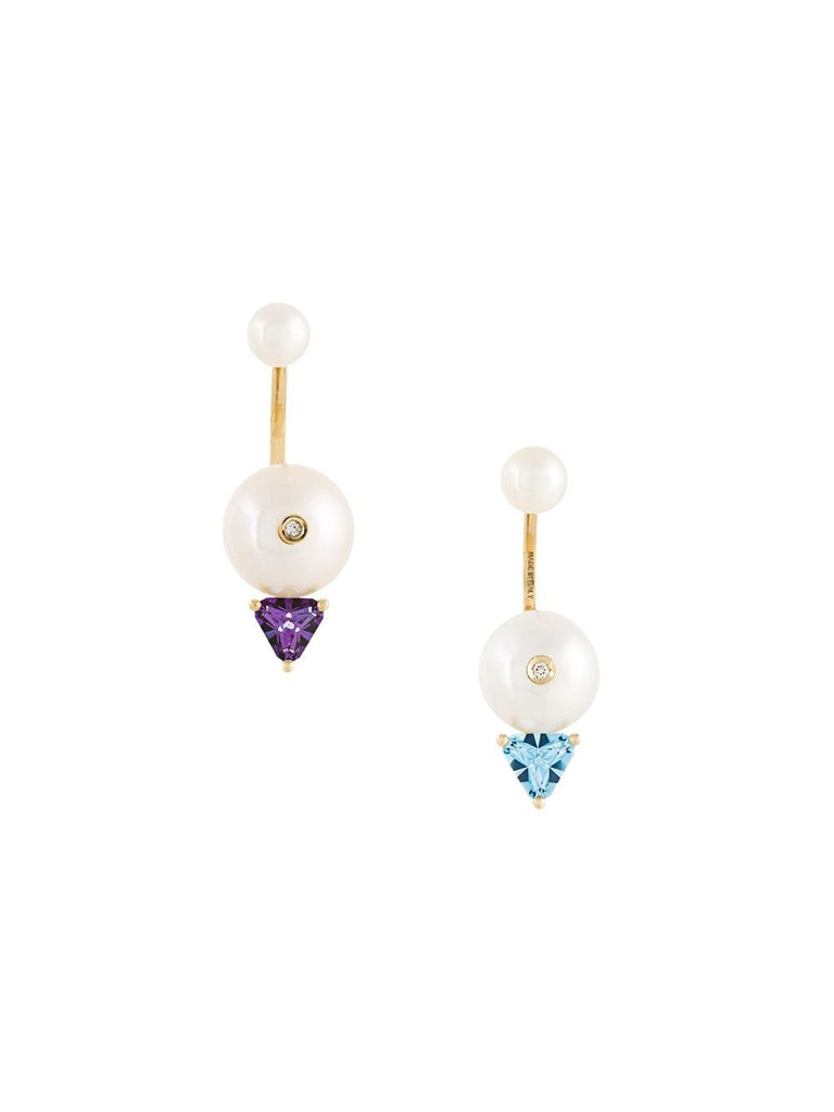 18kt gold Trillion diamond, pearl and topaz earrings