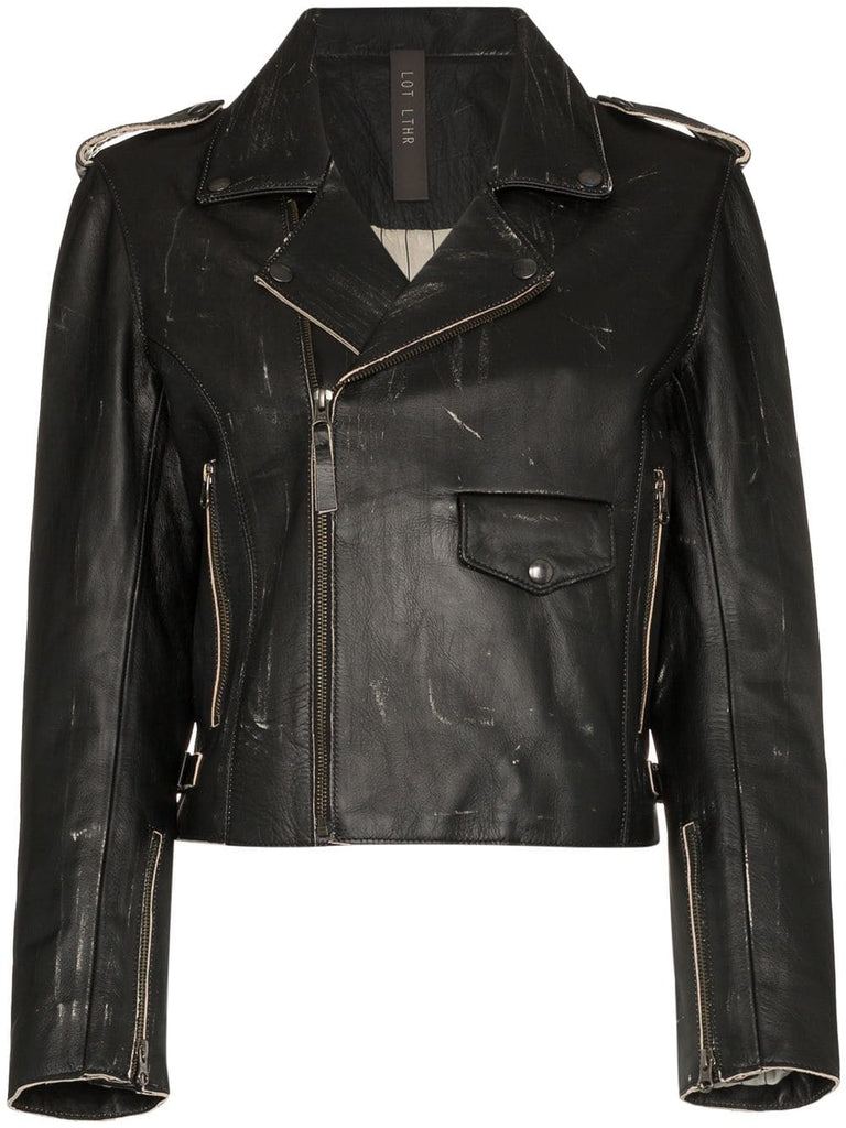 zip front cropped leather biker jacket