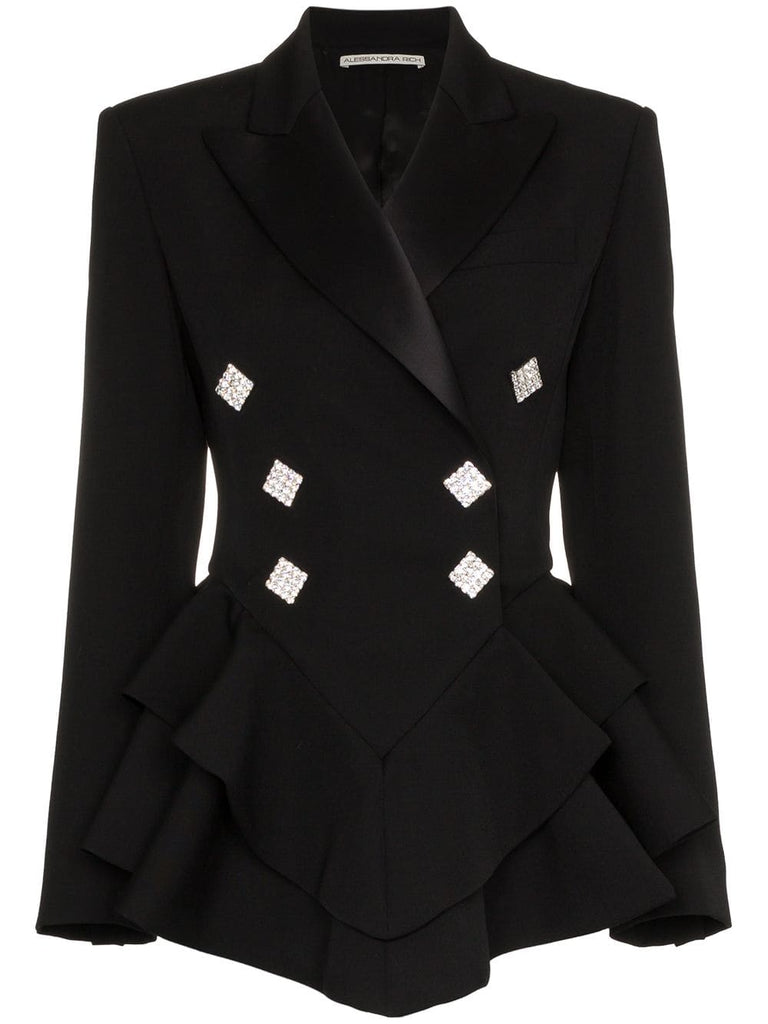 Ruffle crystal button wool tuxedo jacket