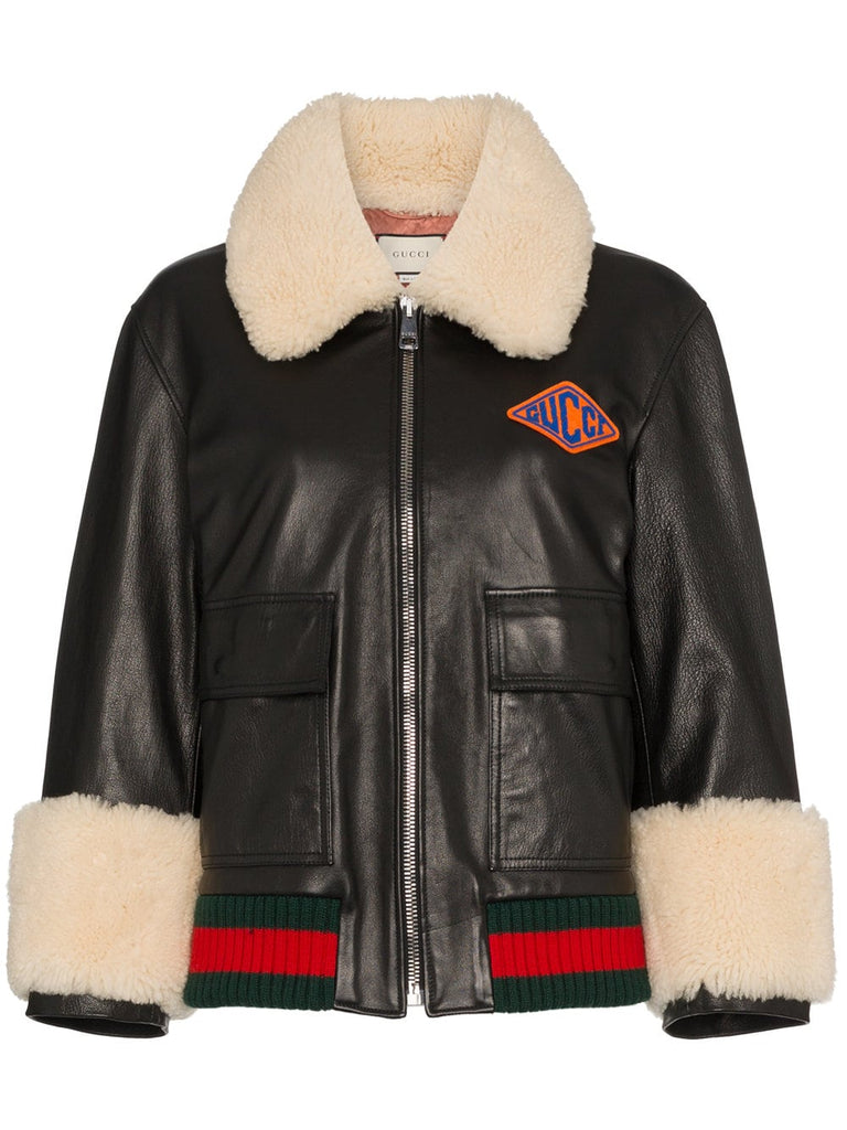 logo patch shearling trim leather bomber jacket