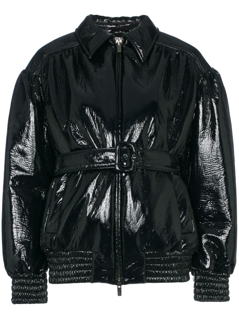 belted vinyl bomber jacket