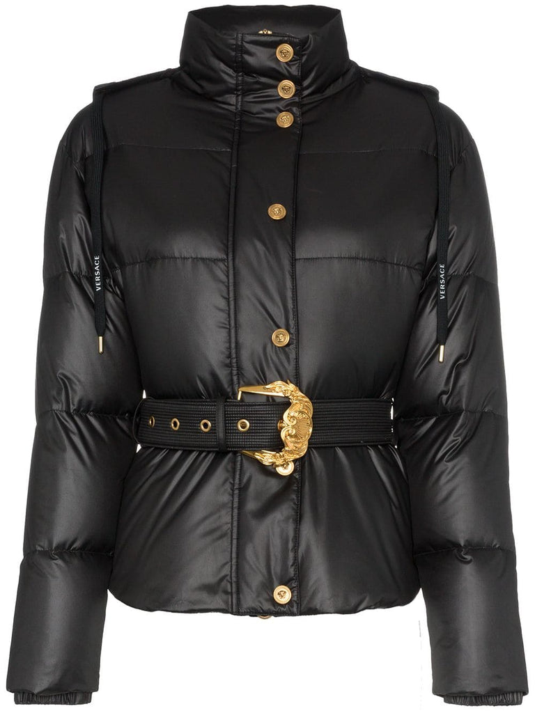 hooded belted feather down puffer jacket