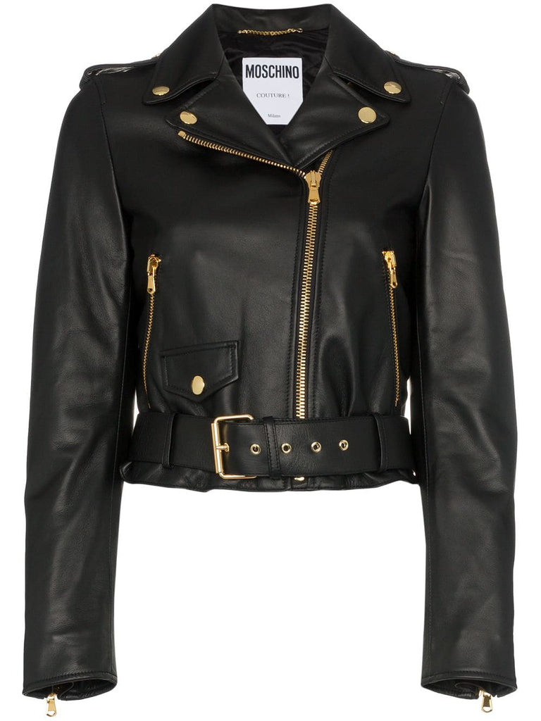 couture logo leather biker jacket