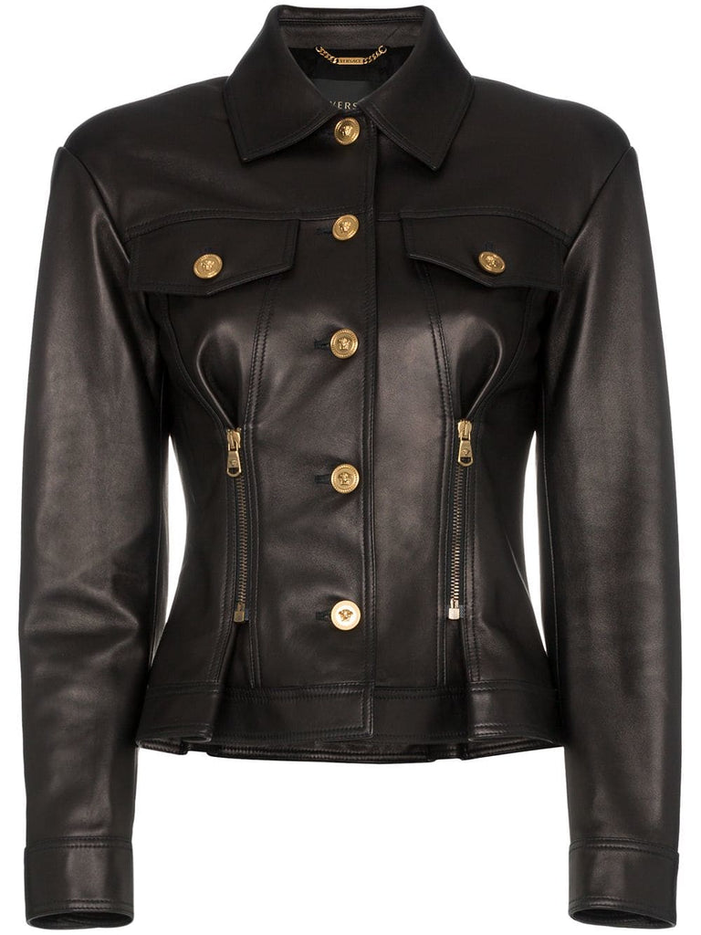 leather button down zip detail jacket