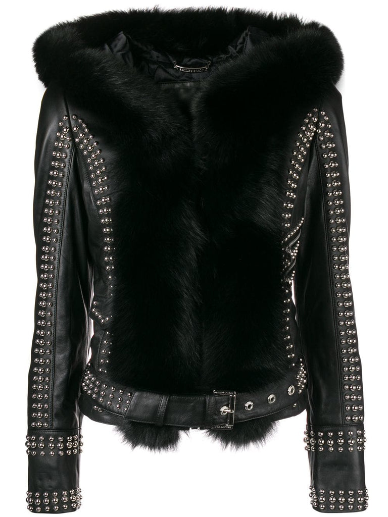 fur-trimmed studded biker jacket