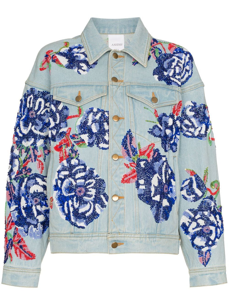 Flower embroidered cotton denim jacket