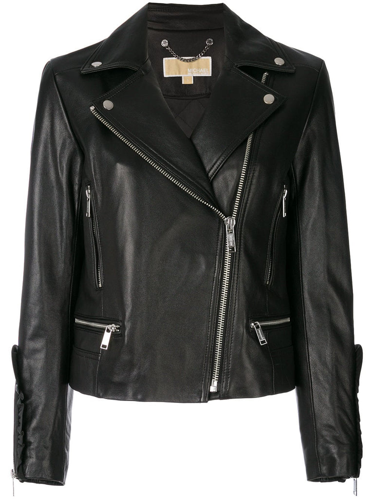 frill-trimmed biker jacket