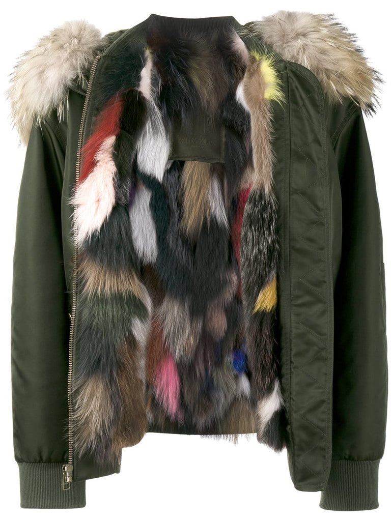 multi coloured fur lined bomber jacket