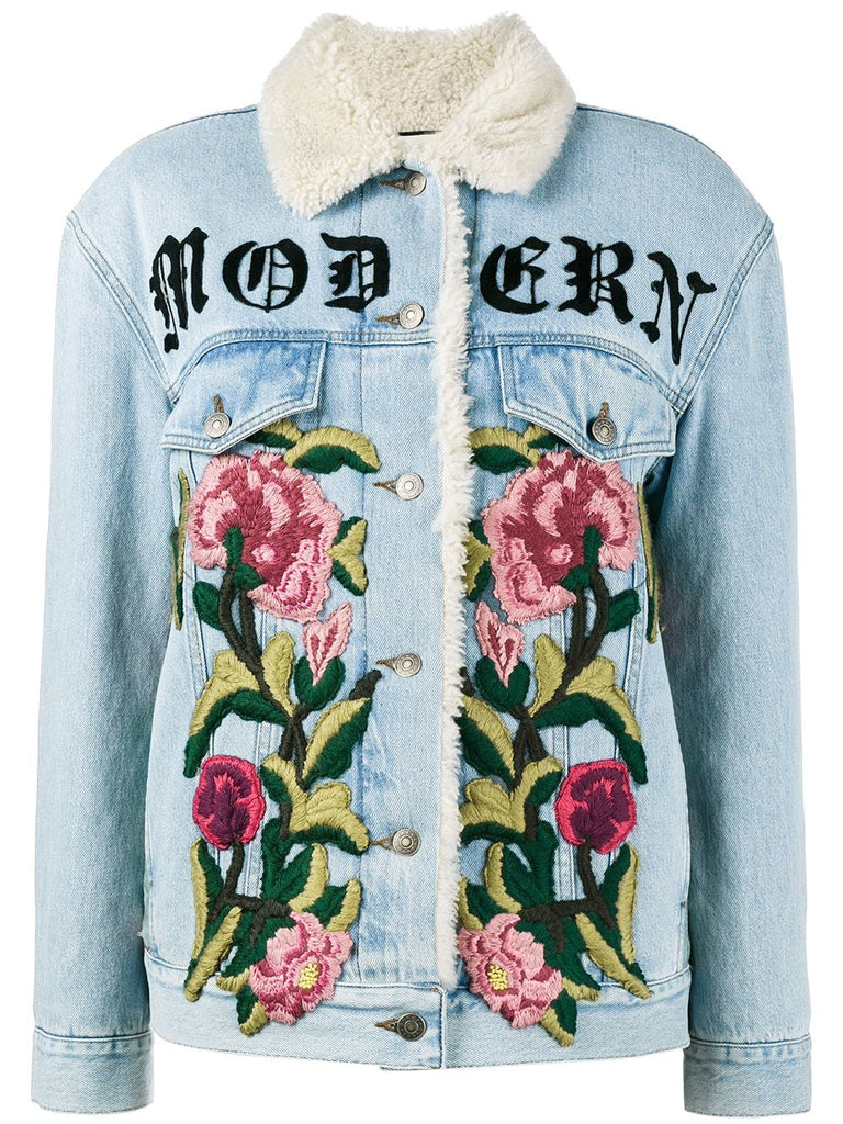 embroidered shearling denim jacket