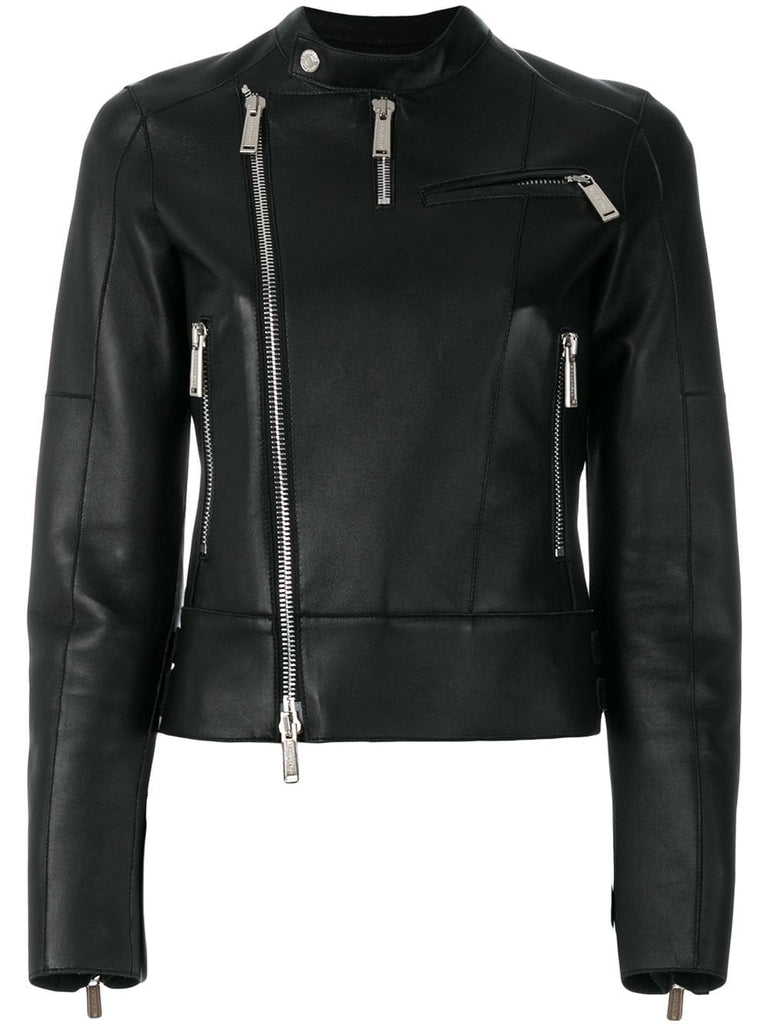 band collar leather jacket