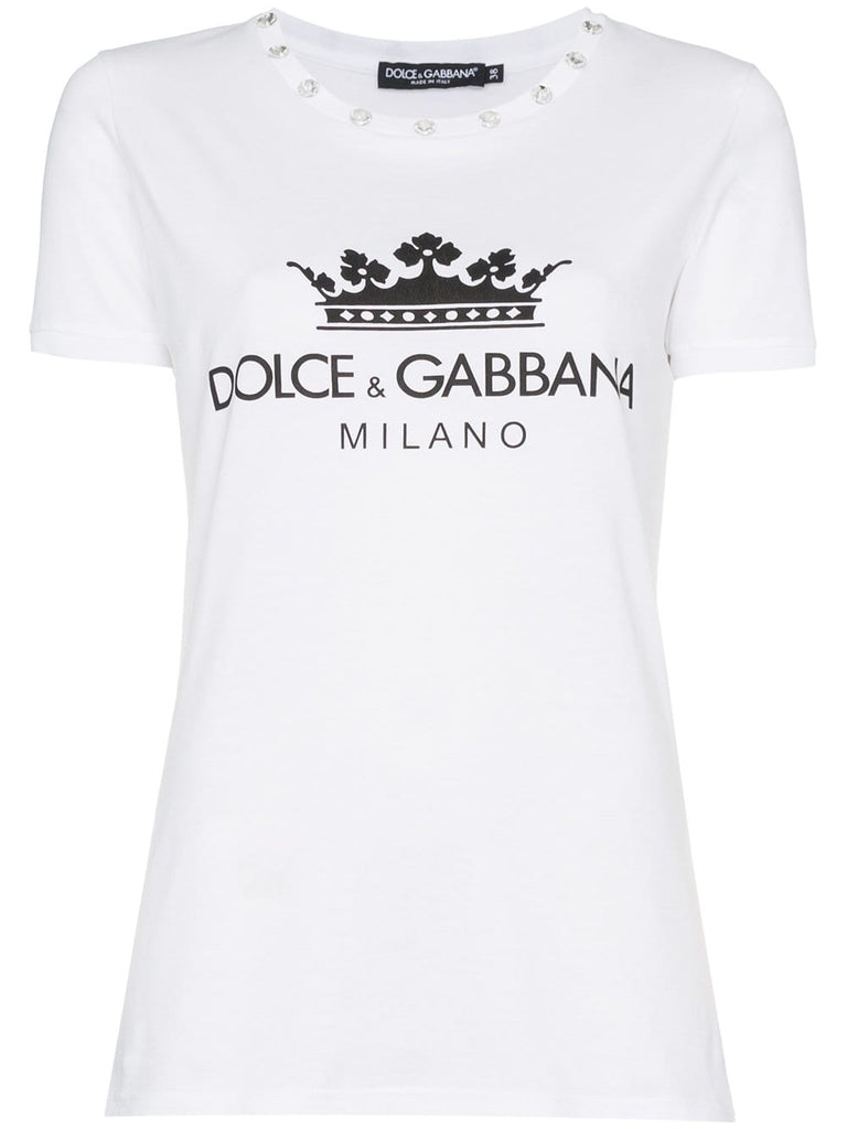 diamante collar logo crown print cotton t shirt