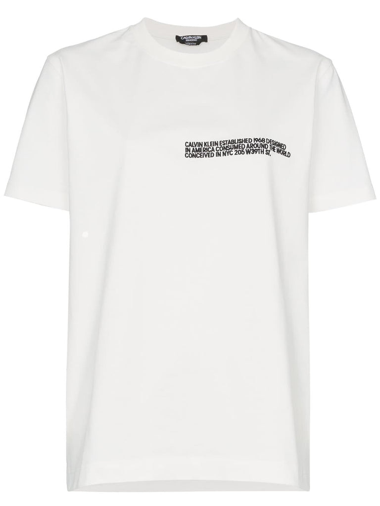 White cotton embroidered text t shirt