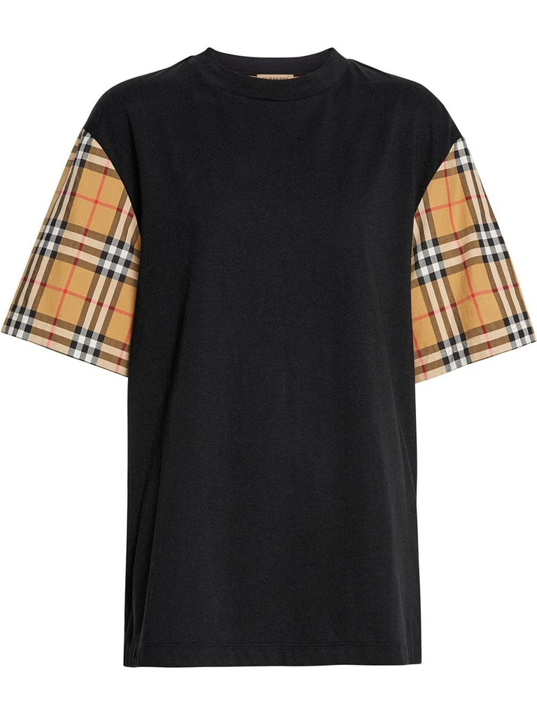 Vintage Check-sleeve Cotton Oversized T-shirt