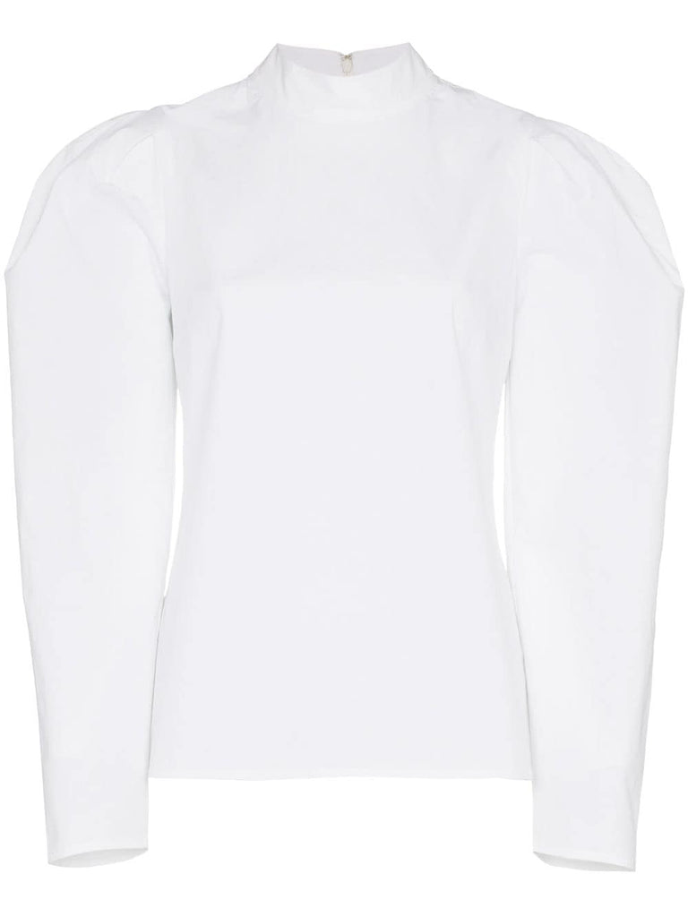 high neck puff sleeve cotton-blend shirt