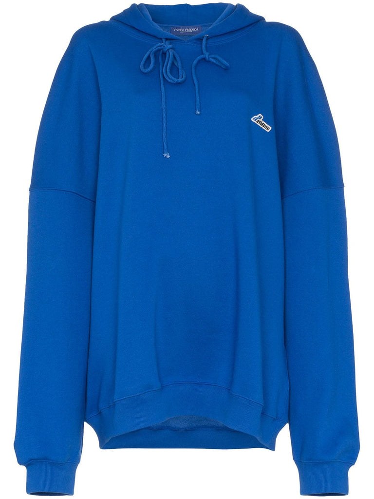 blue oversized logo patch cotton hoodie