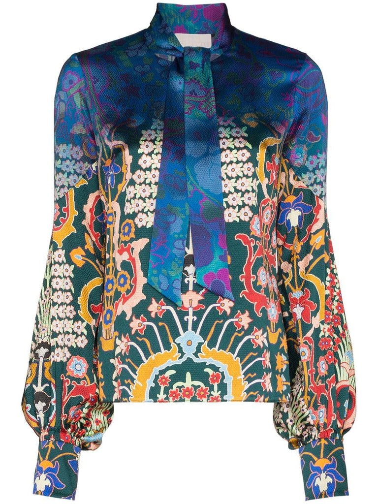 tie neck floral print silk blouse