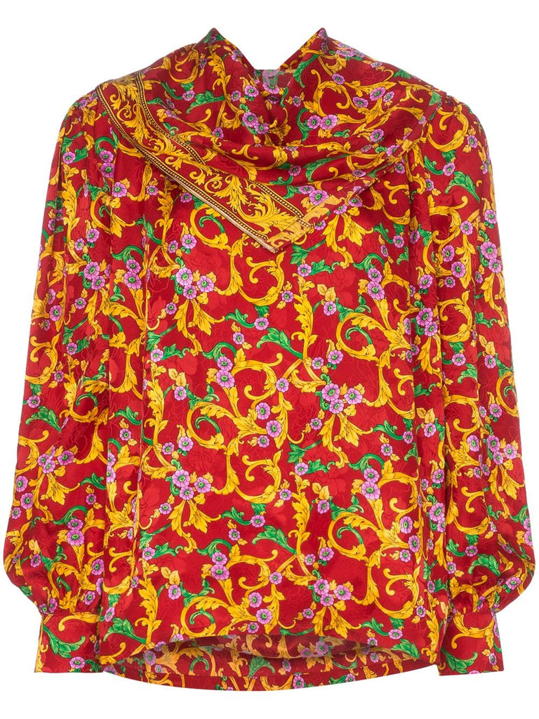 floral print draped silk blouse