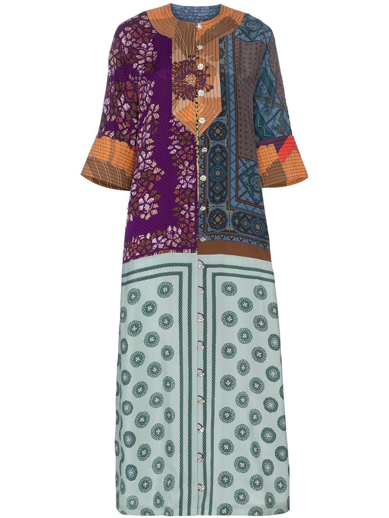 multi-print and patchwork silk kaftan