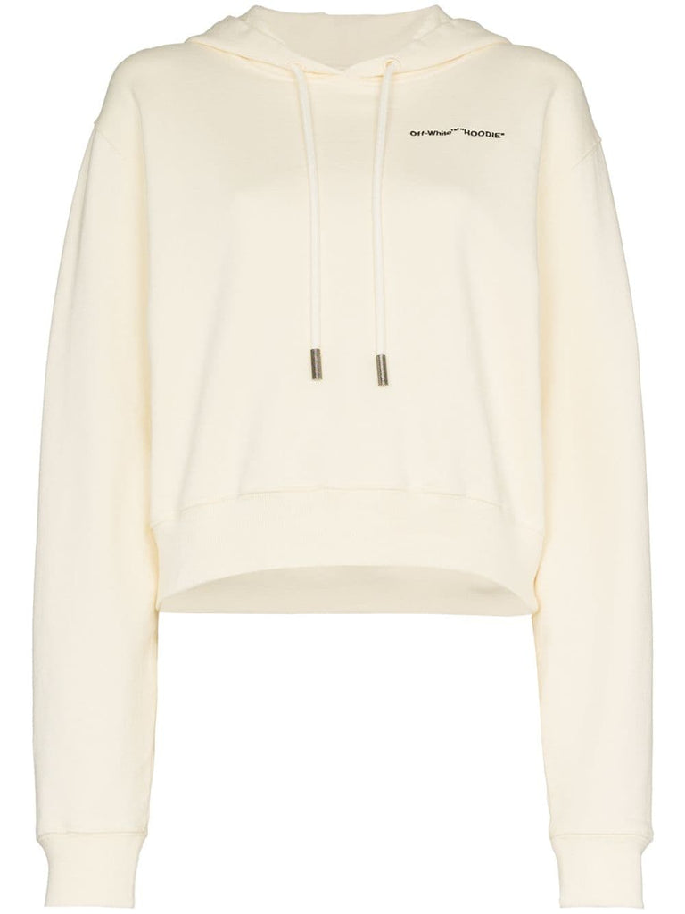 White logo embroidered cropped long sleeve cotton hoodie