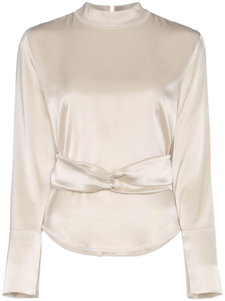 almond belted satin blouse